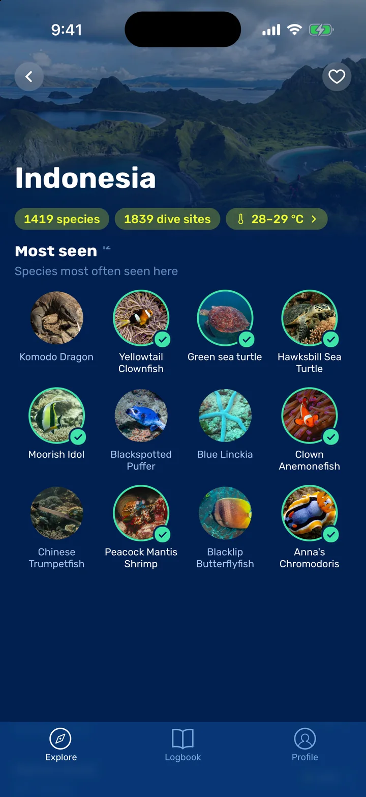 Seabook location guide for Indonesia with the species most often seen there