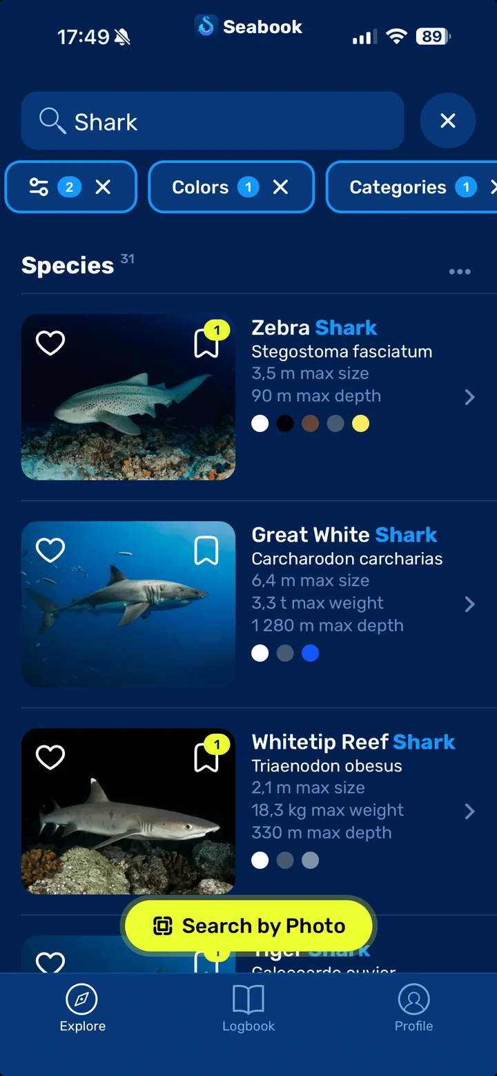 Seabook search filtered by colour and category